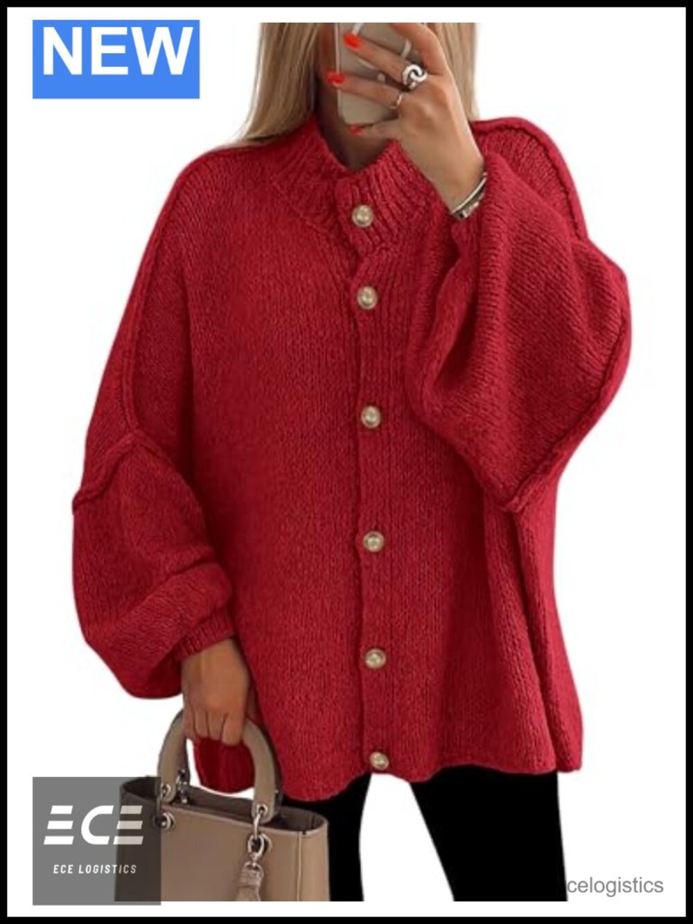 Oversized Chunky Knit Button Down Cardigan Sweater Mock Neck Long Sleeve